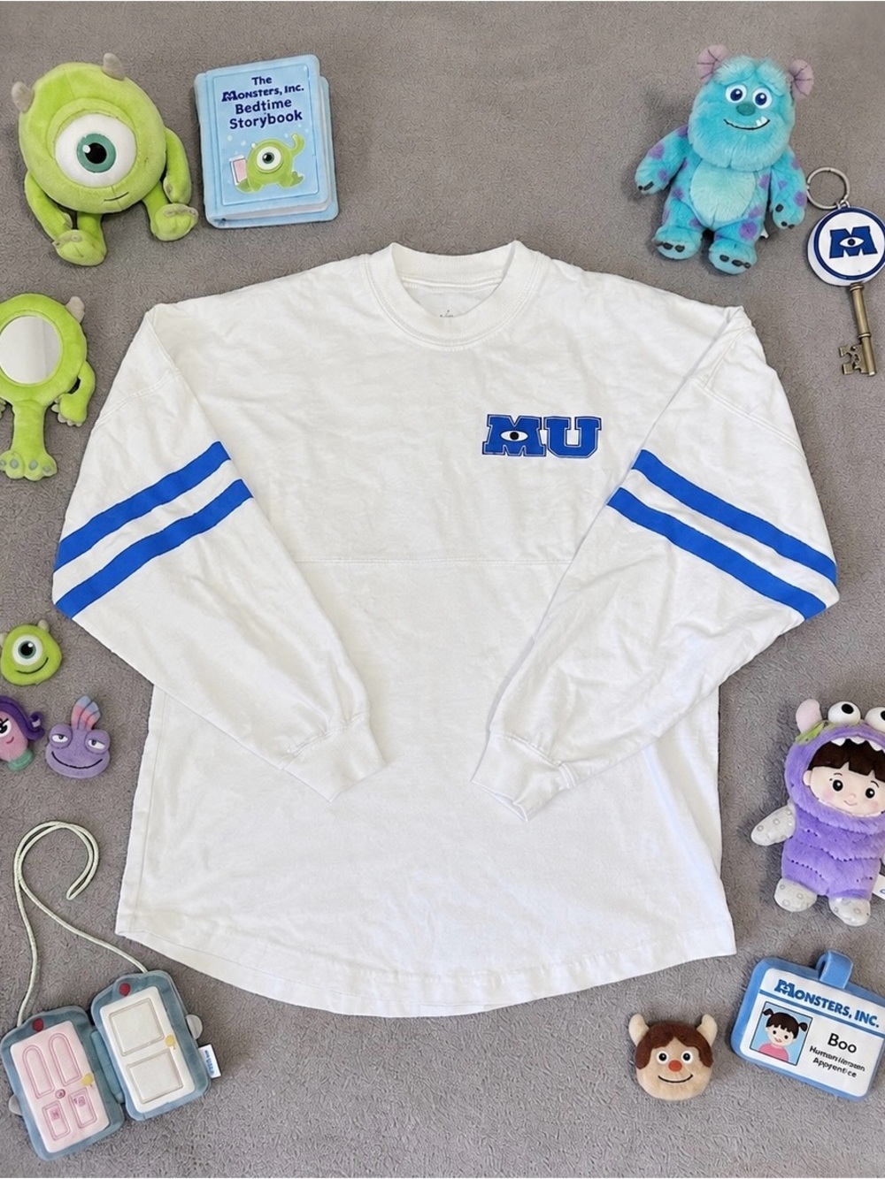 Disney Monsters University MU Spirit Jersey White Blue Sweater Graphic Shirt S